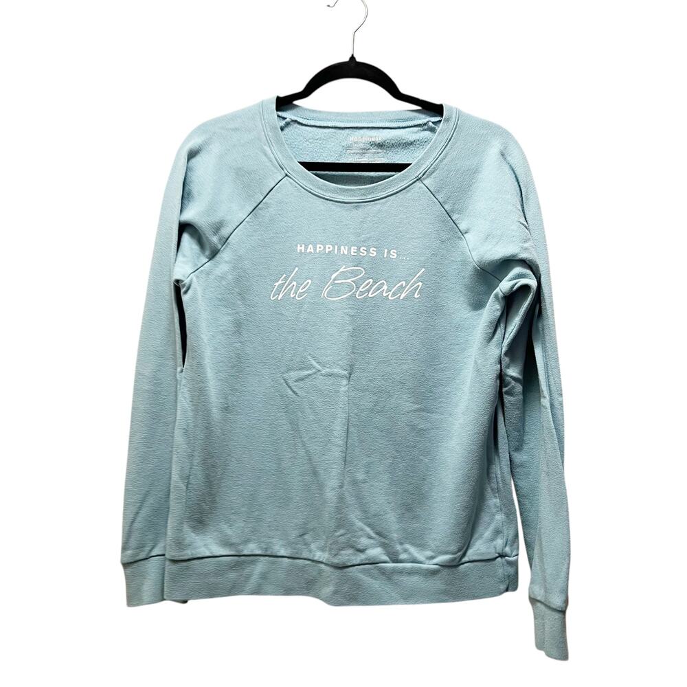 Happiness Is... the Beach Teal Blue Crew Neck Pullover Sweatshirt Size Medium